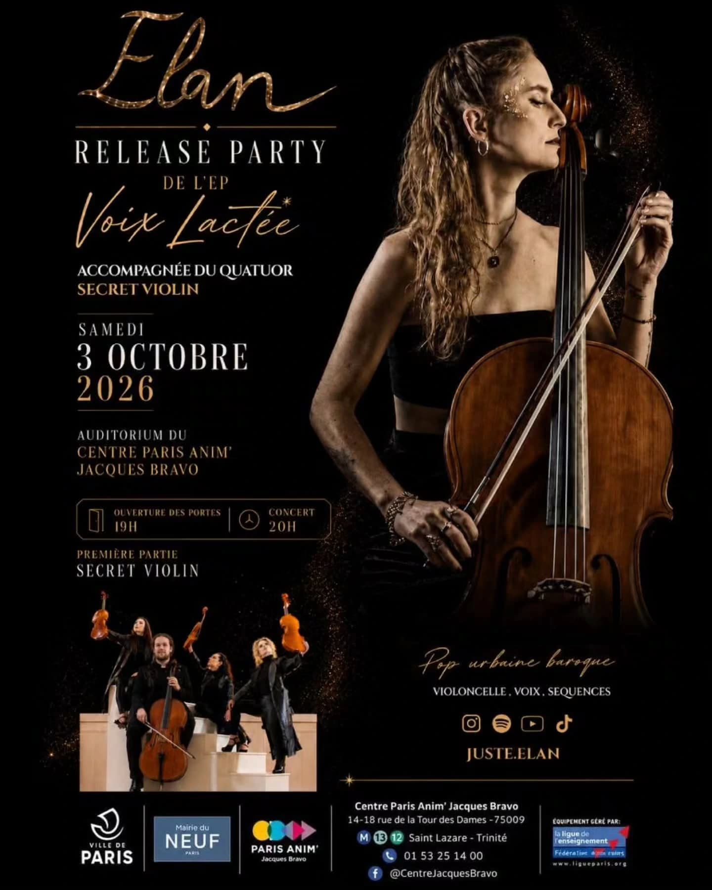 Affiche de Elan célèbre « Voix Lactée » en concert à Paris le 3 octobre